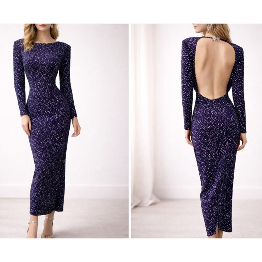 Vintage Morton Myles Warrens Evening Dress 10 Blue Open Back Sparkly Rhinestones